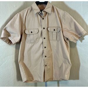 Men Size M Shirt Short Sleeve Eddie Bauer Button Down Khaki 2 Pockets